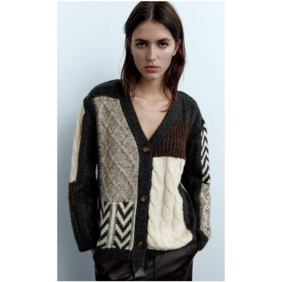 Zara Patchwork Cardigan Sweater Womens Size S Brown Ivory Oversized Chunky - Picture 1 of 14